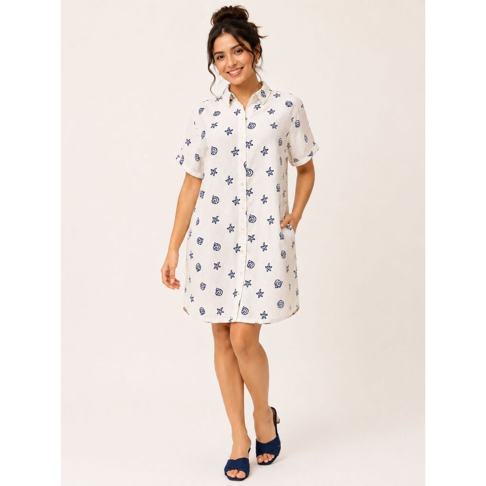 CALYPSO St Barth Linen Blend Starfish Nautilus Shell Shirt Dress White Sz L